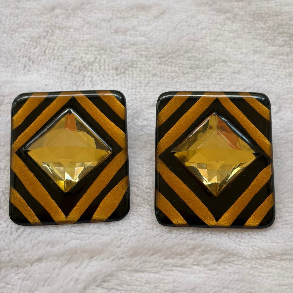 Vintage Bruce Tolman Geometric Clip Earrings Black Gold Art Deco Resin 1980s 90s